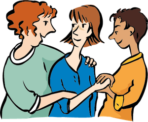 Drei Personen achten aufeinander und halten sich an den Händen.