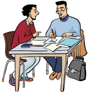 Eine Person hilft einer anderen Person. 
Sie sitzen an einem Schreibtisch.