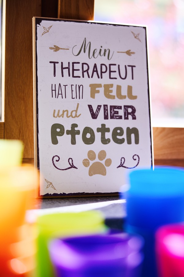 Ein gerahmter Spruch: Mein Therapeut hat ein fell und vier Pfoten.